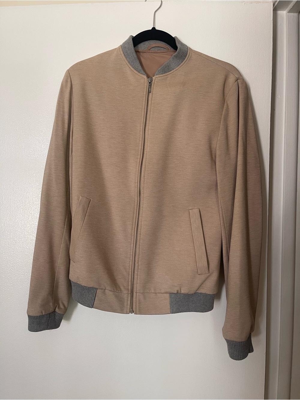 Topman Beige Bomber Jacket with Gray Trim